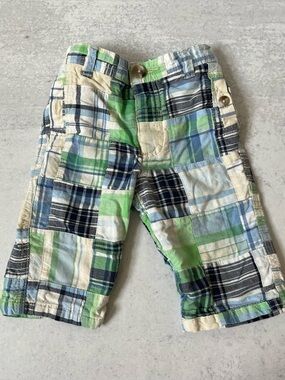 Baby Old Navy Patchwork Pants 6-12m Green Blue Madras Plaid Preppy